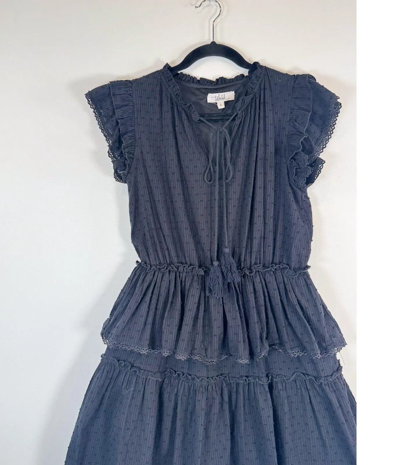 Talulah Womens Dress Black Mini Layered Ruffle Swiss Dot V Neck Fit Flare Small - Image 4