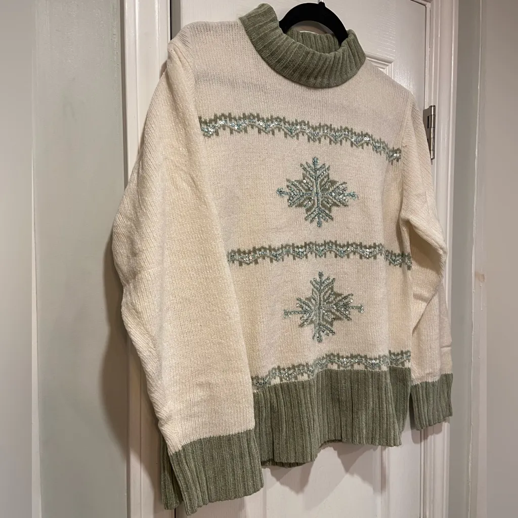 VTG JENNY Size L Snowflake Sweater Beaded Sequin Knit Winter Holiday Green Cream Size L - Image 4