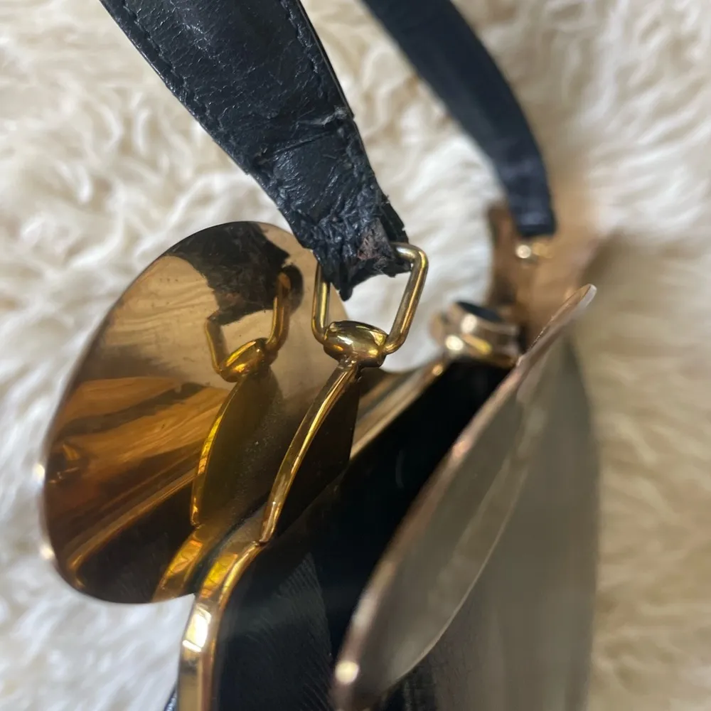Vtg 1960s Rosenfeld leather handbag gold structural piece black leather vintage - Image 4