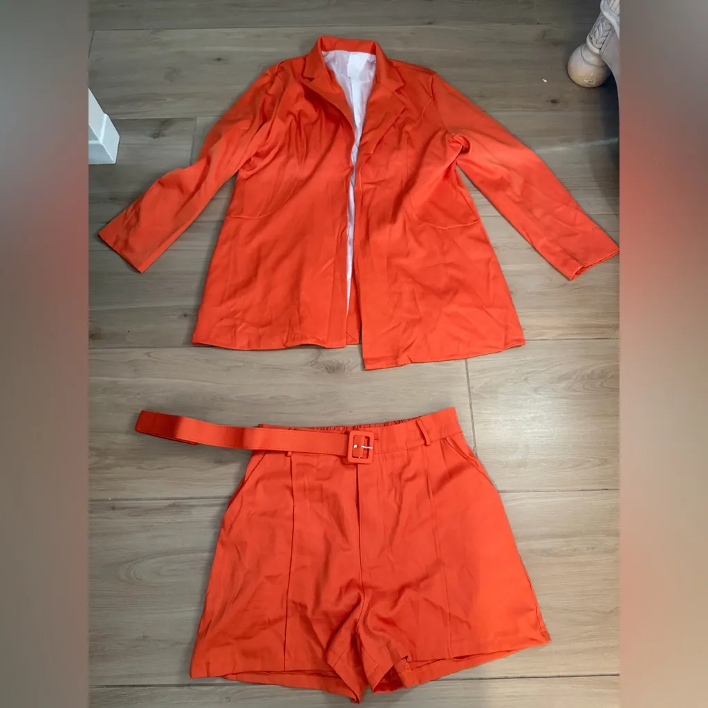 NEW Orange 2 Pc Suit Set Open Front Blazer & Shorts Belt Career 2X Size XXL - Image 5
