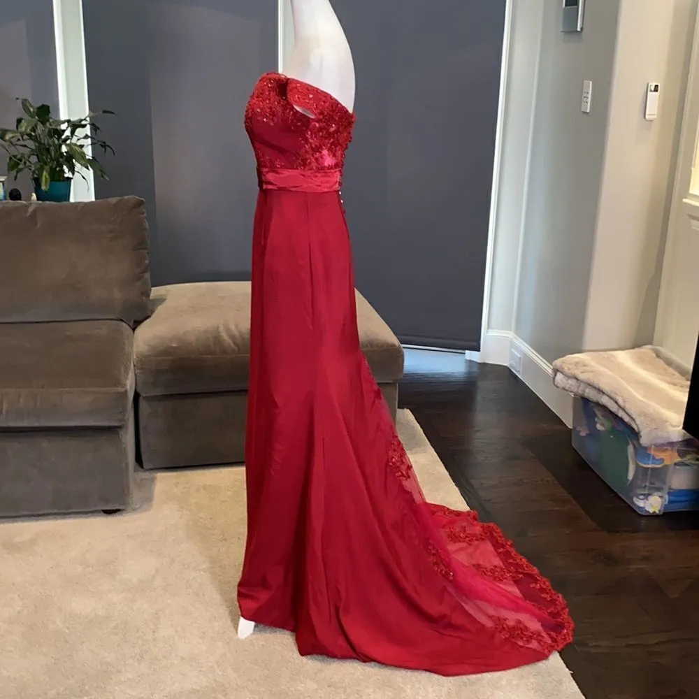 Women’s Deep Red Full Length Prom Party Formal Dress with Small Train Size 4 NWT Red - Image 3
