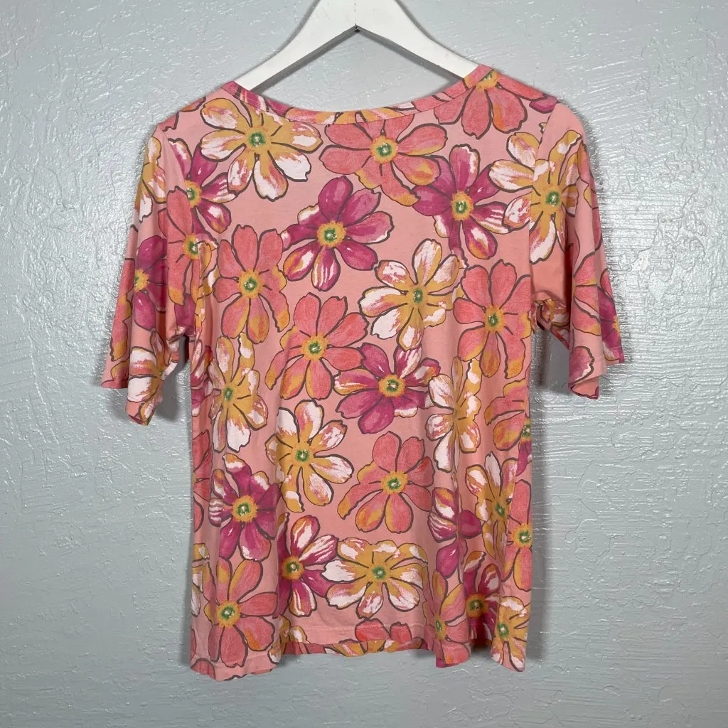 Fresh Produce Women L Pink White Yellow Floral Shirt Short Sleeve Scoop Neck - Image 4