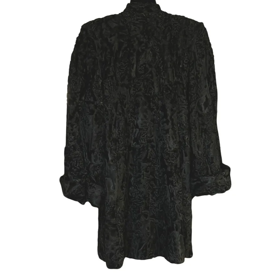 Vintage Custom Persian Lamb Broadtail Coat 1950s? Large? Bell Sleeves Mid Length Black - Image 9
