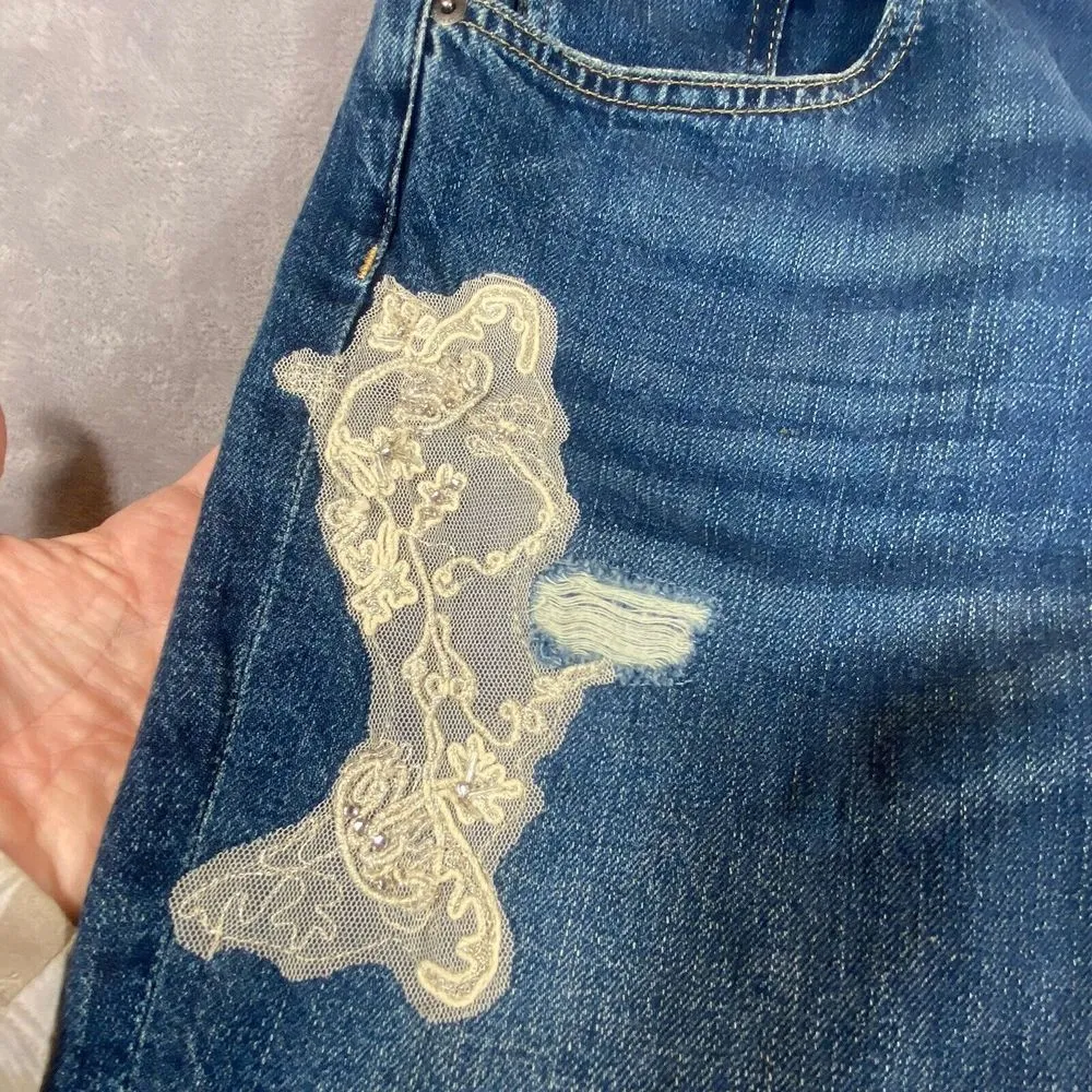 Ralph Lauren Jeans Women 8 Black‎ Label Sequined Rhinestones Beaded Blue Unique - Image 5