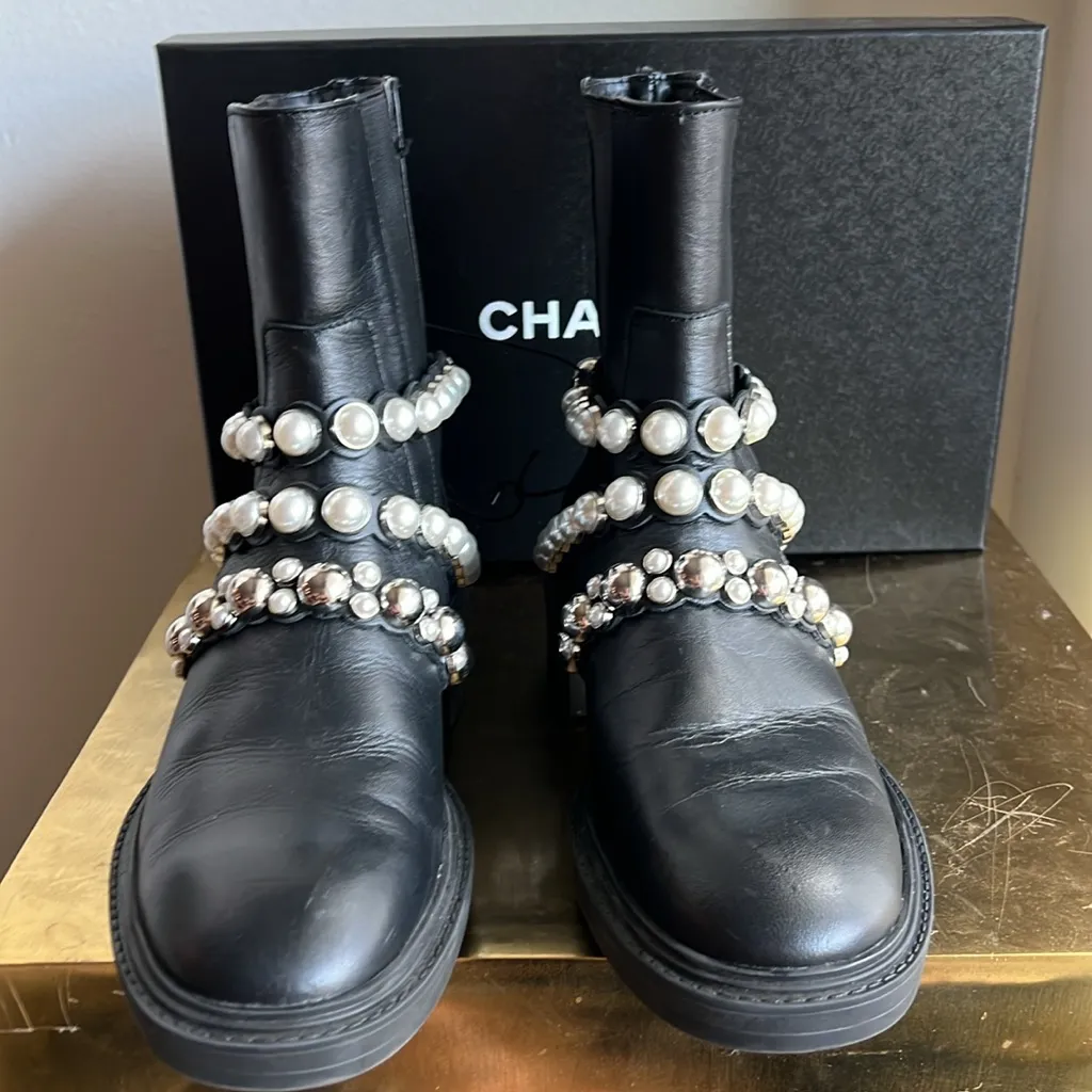 Zara Black Pearl Studded Moto Boots - Image 6