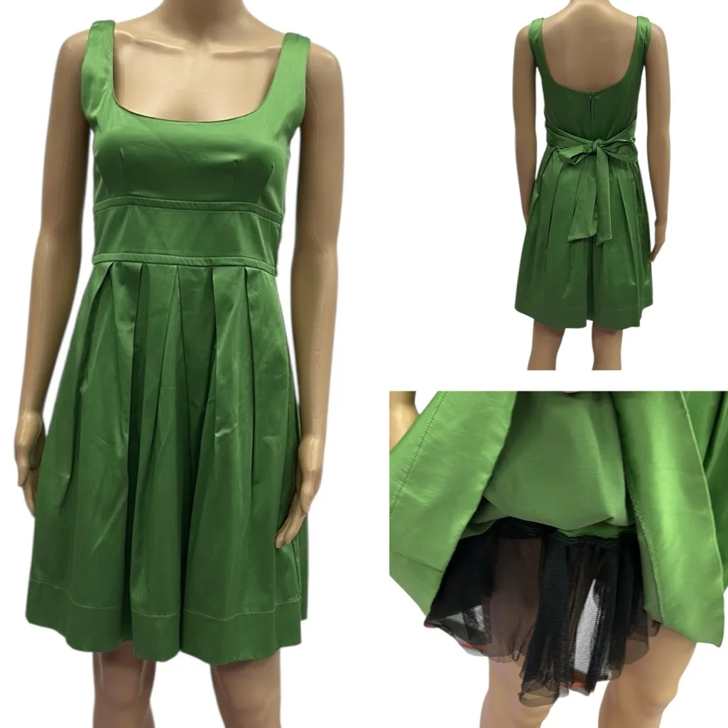 Teeze Me Green Satin Tulle Sleeveless Pleated Zip and Tie Back Cocktail Dress 7 - Image 2