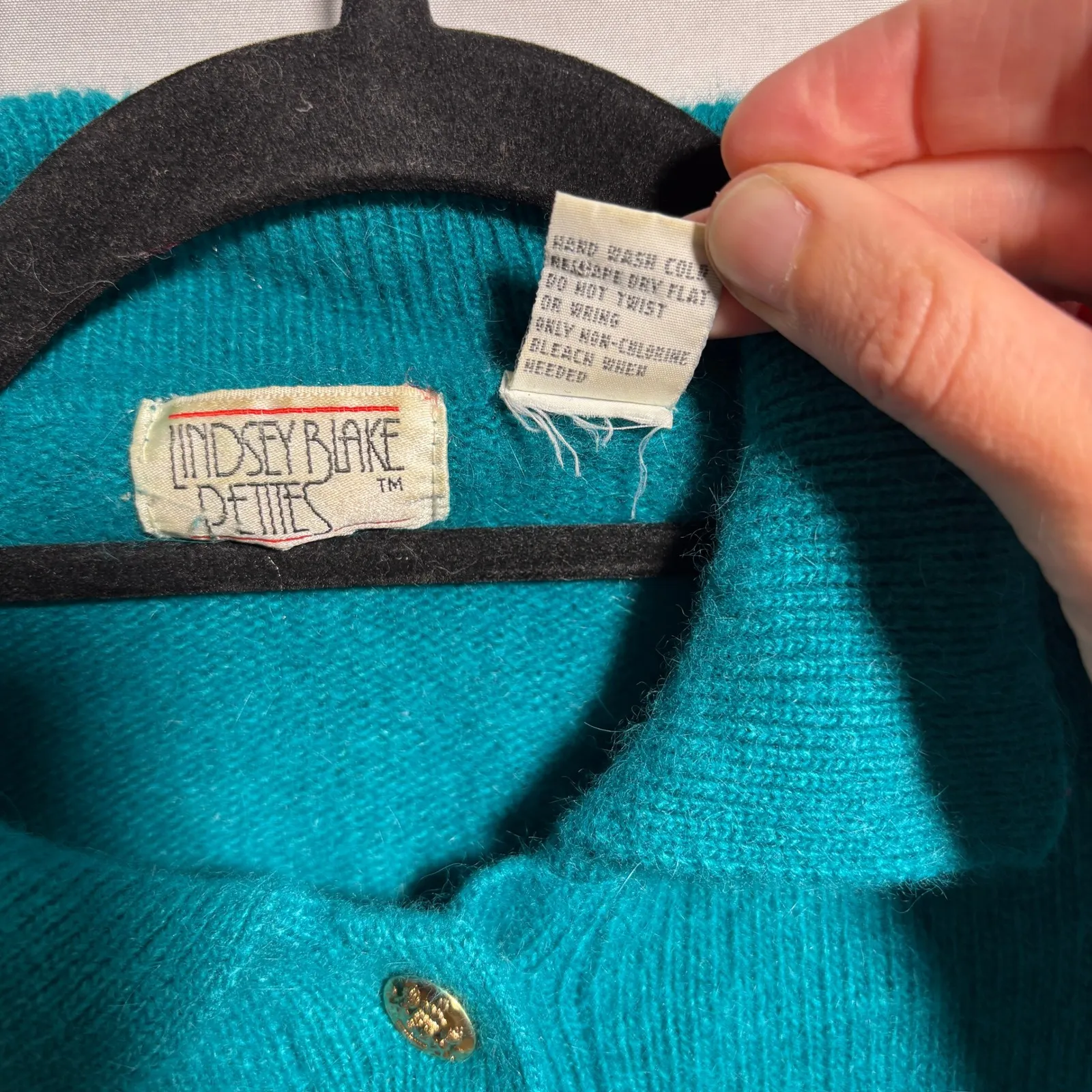 VTG Lambswool‎ Angora Blend Sweater Cable Knit Teal Blue Collared Womens M P SEE - Image 9