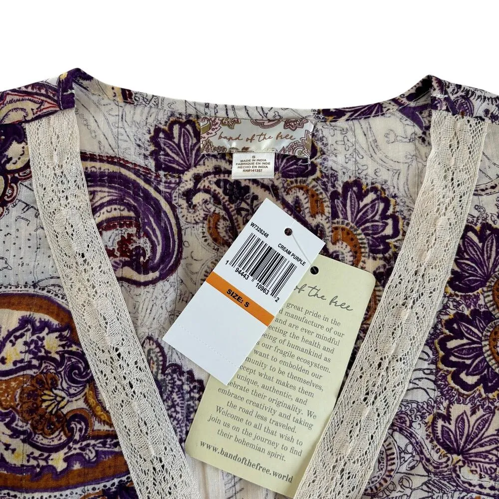 Band of the Free Mirabelle Cream Purple Paisley Boho Lace Crop Top Blouse Small - Image 3