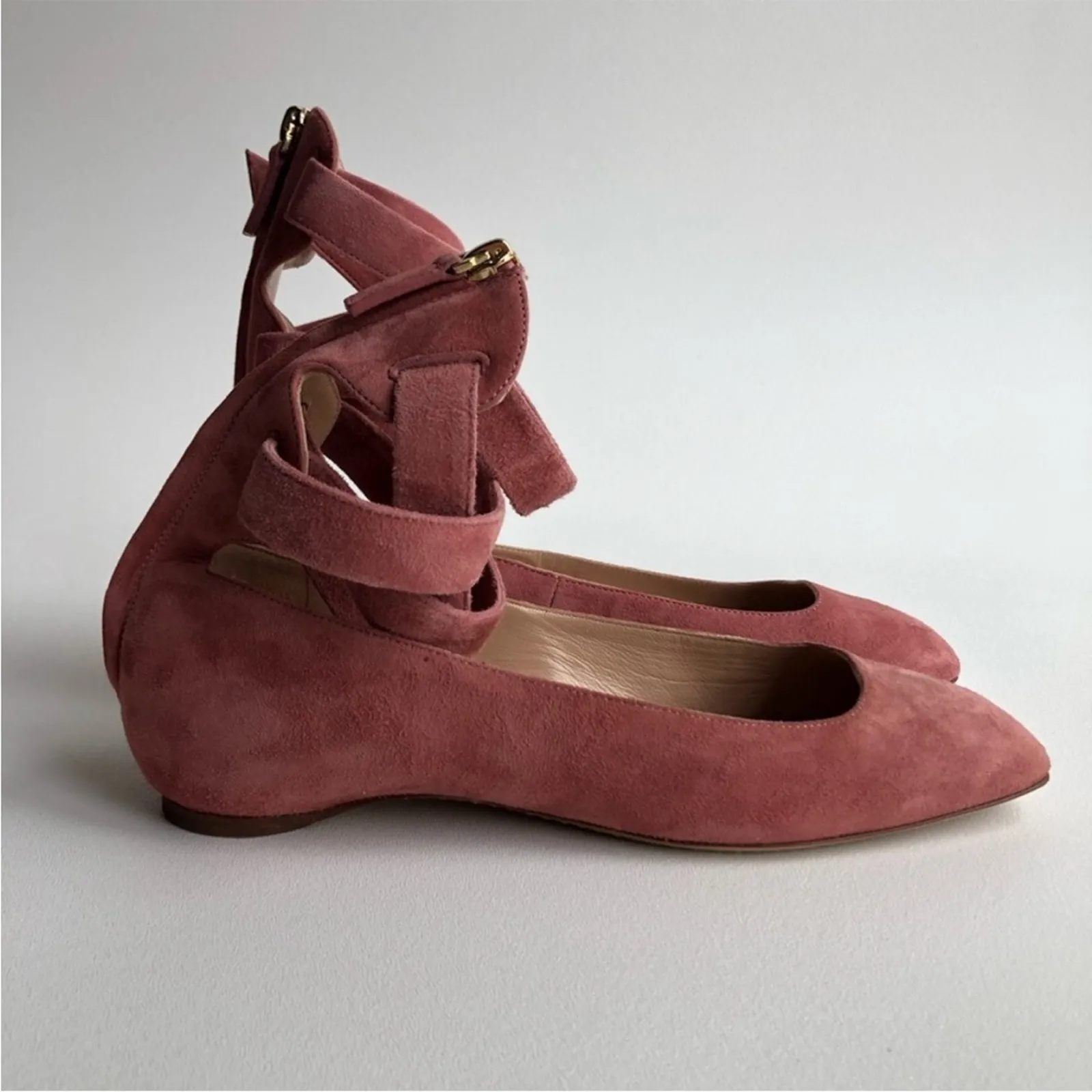 VALENTINO GARAVANI Suede Pink Lace Up Square Toe Zipper Back Ballet Flats EU37 - Image 6