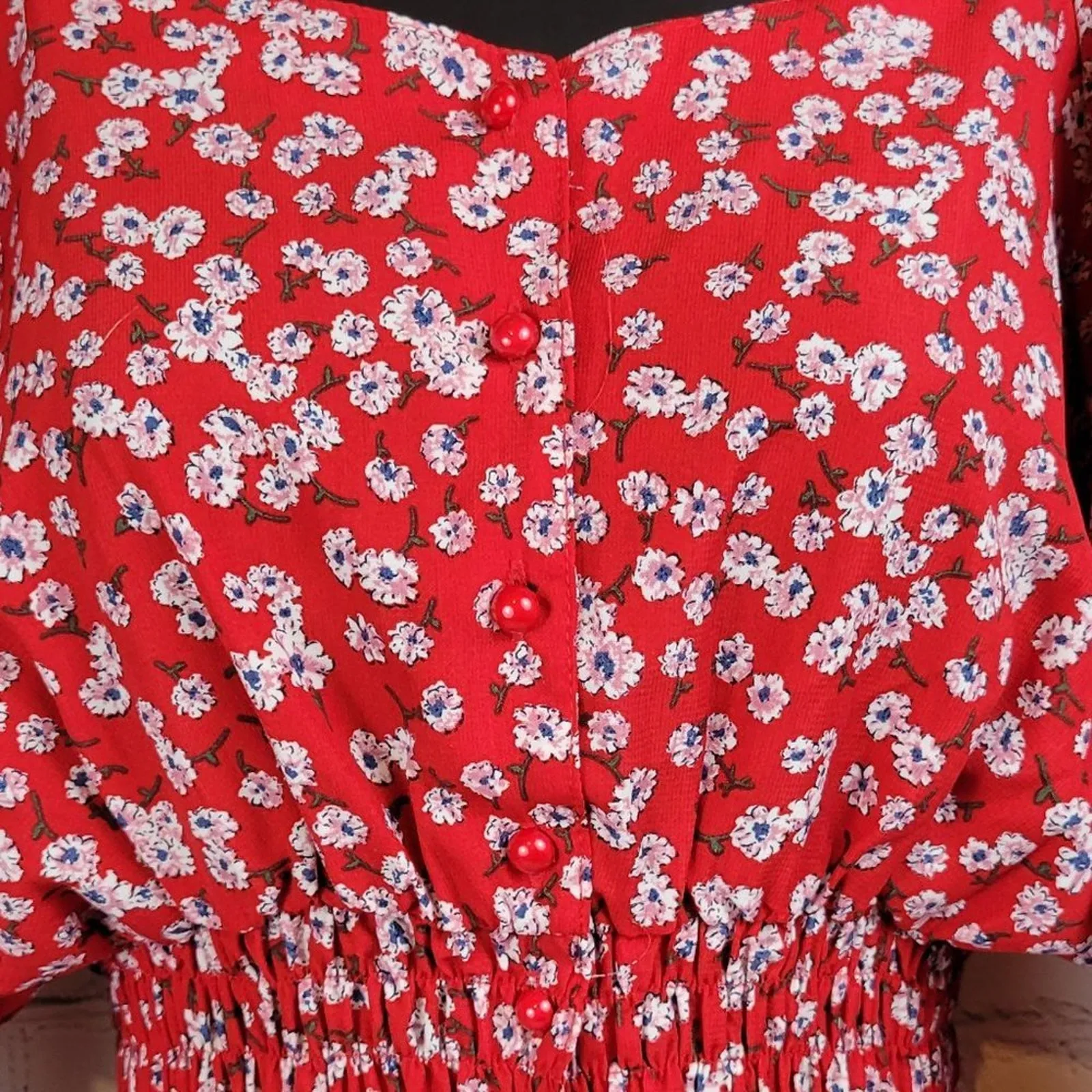 Red Floral Smocked Square Neck Puff Sleeve‎ Cropped Blouse Top Women's M Size M - Image 6