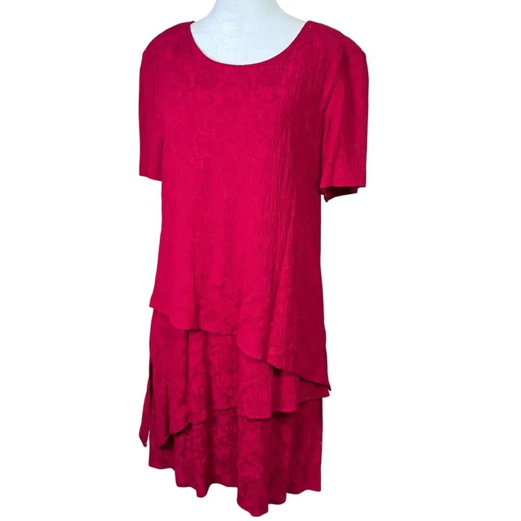 VTG S.L. Petites Red Tiered Ruffle Midi Dress Gauzy Floral Modest Sz 8P USA Made - Image 2