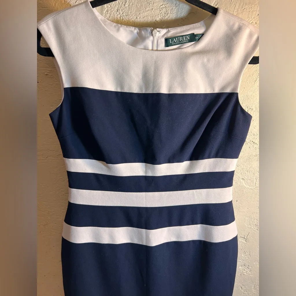 Ralph Lauren 6P Navy and Cream Striped Midi Dress petite classic sheath workwear - Image 5