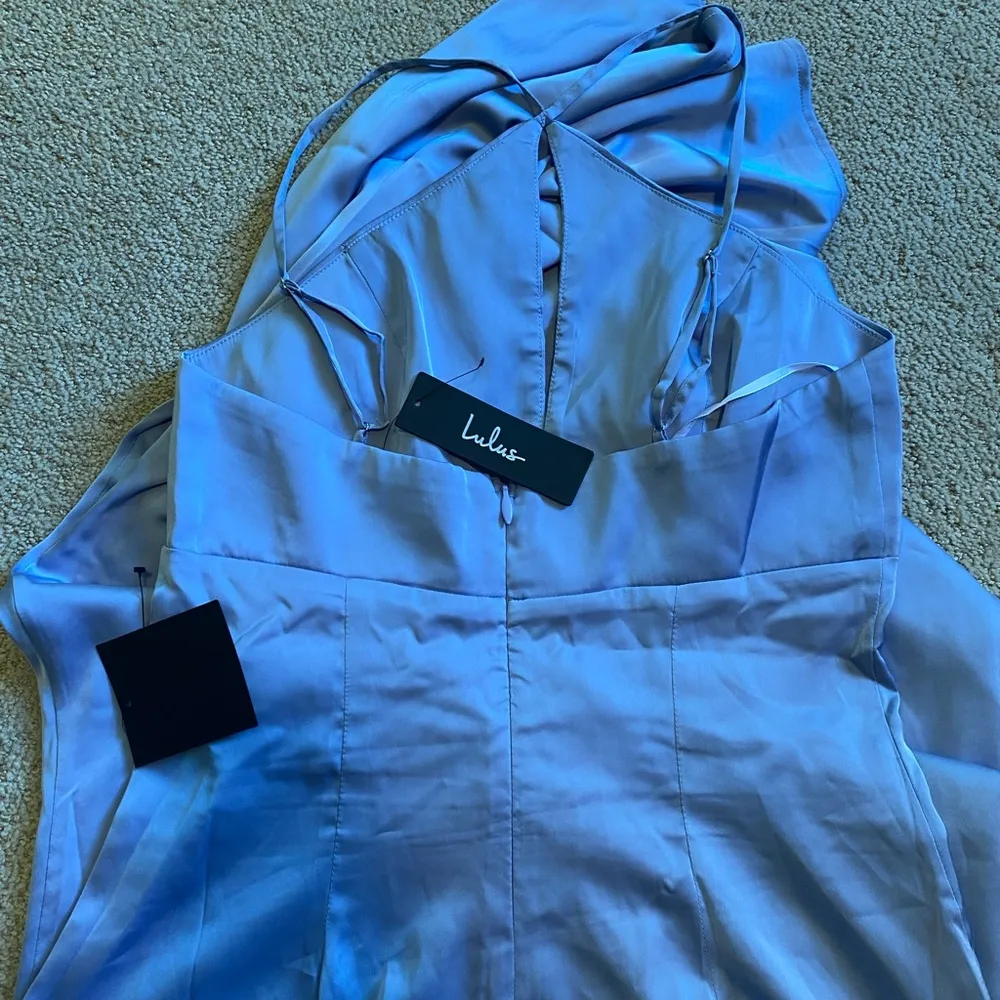 NWT Lulu’s Lustrous Love Dusty Blue Satin Halter cutout mermaid maxi - Image 2