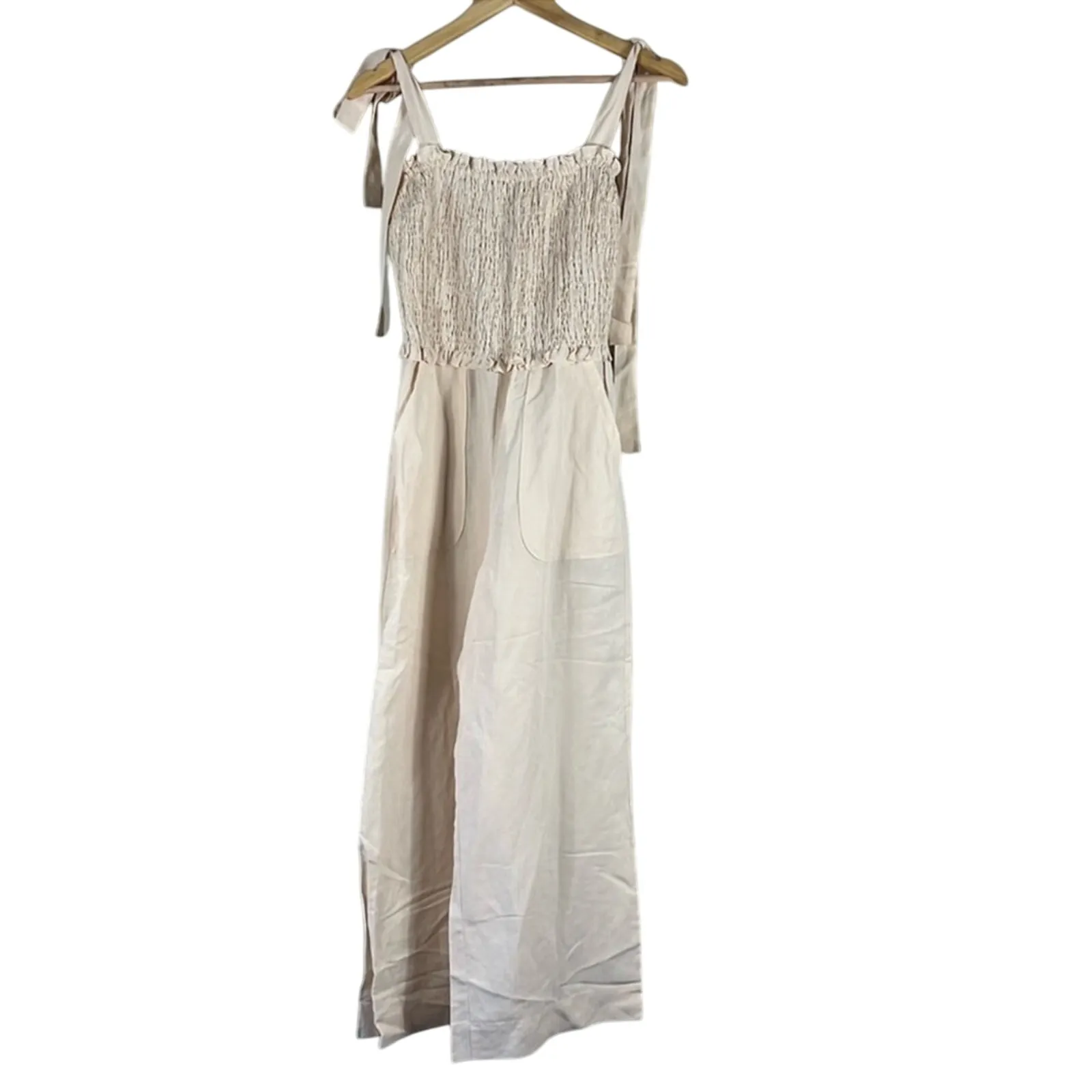 Rebecca Taylor Jumpsuit Womens 4 Cream Smocked Tie Strap Wide Leg Linen Beachy - Image 2