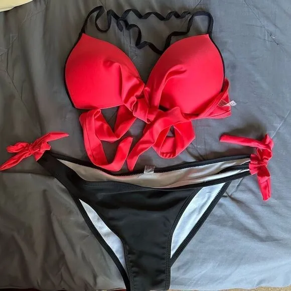 Neon orange/watermelon color/Black 2pc bikini , front tie, back clasp , some pus Orange Size XL - Image 1