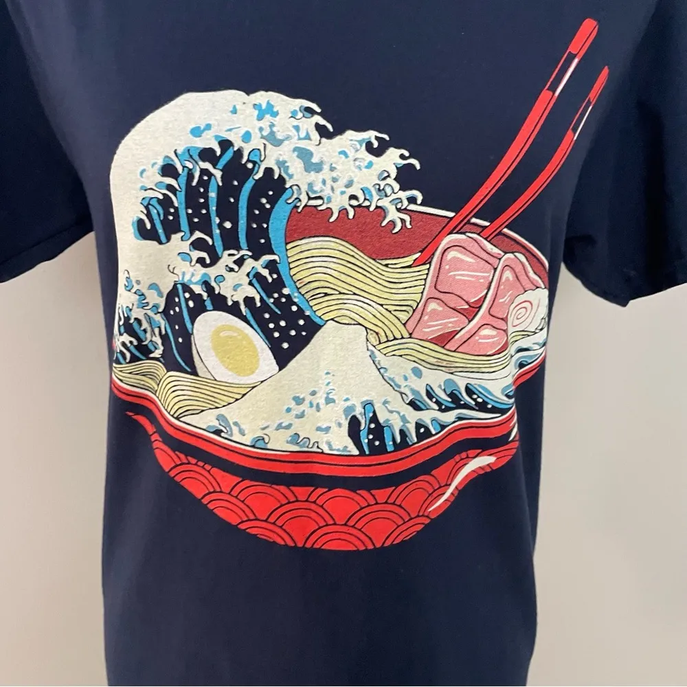 Ramen Noodles Graphic Tee Shirt Crewneck Waves Chopsticks Bowl Cotton Blue Red - Image 2