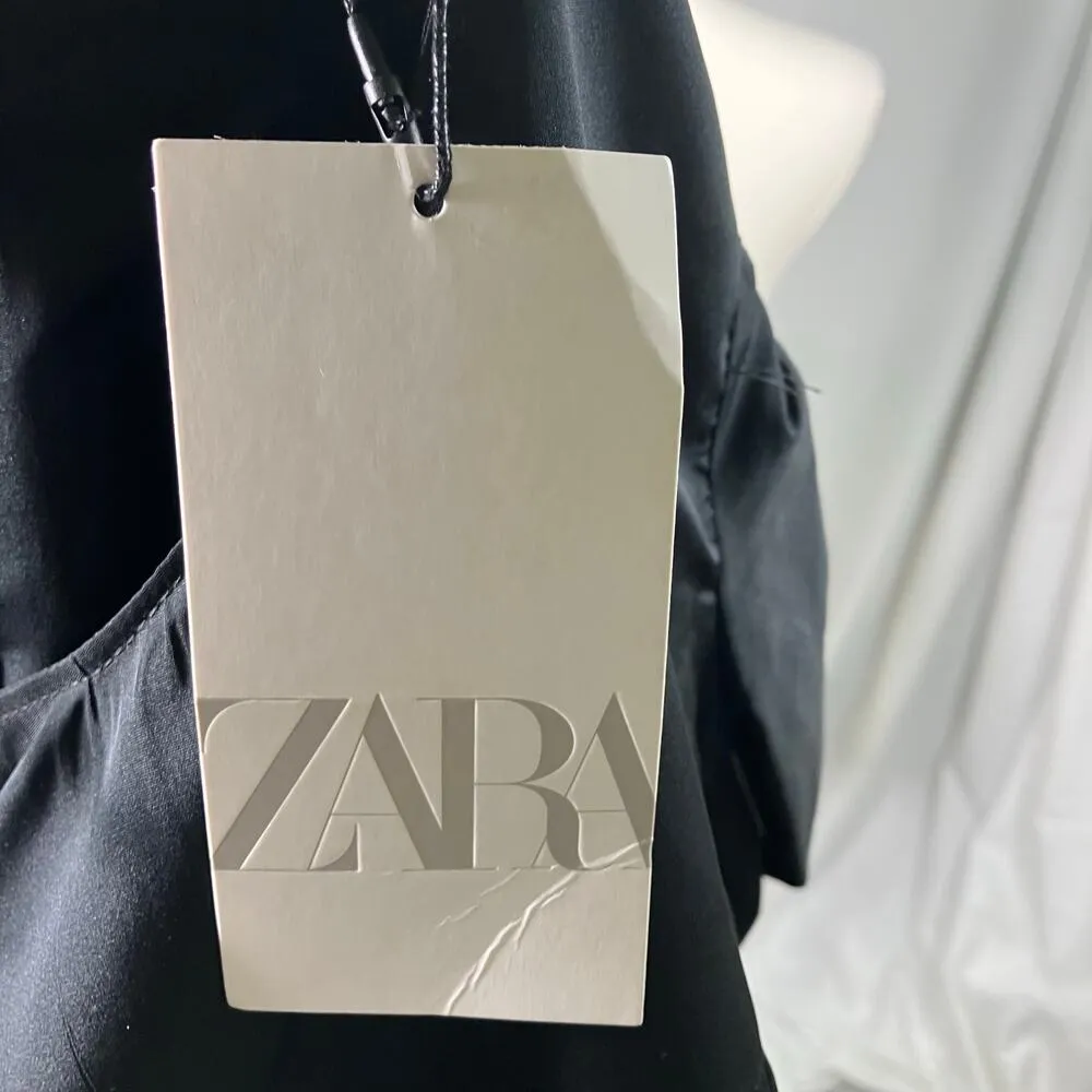 ZARA Black Puff Sleeve Peplum Blouse Small Short Sleeve Tie Back Lightweight New - Image 10