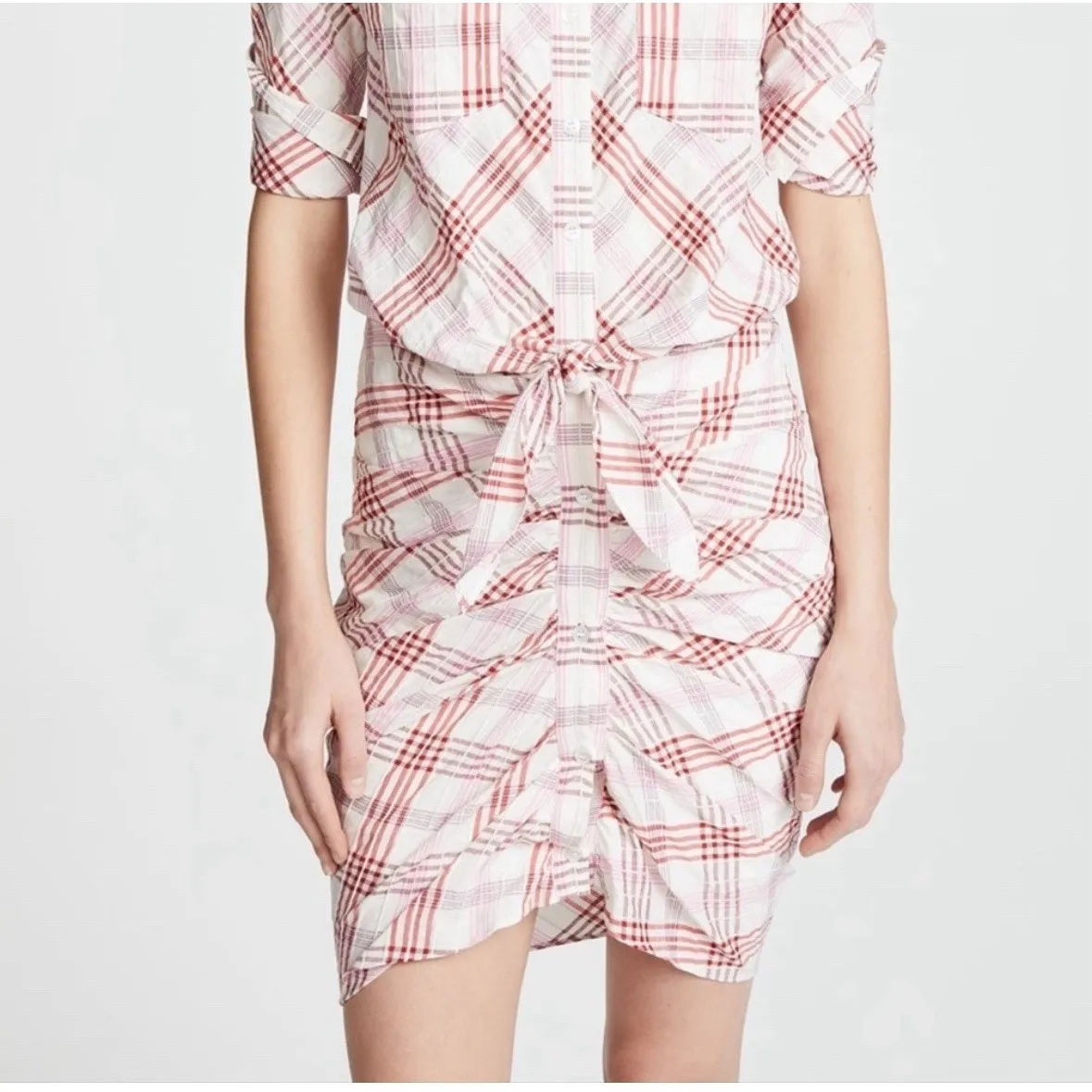Veronica Beard Della Plaid Ruched Dress White Pink Tie Front Shirt Dress Size 4 - Image 3
