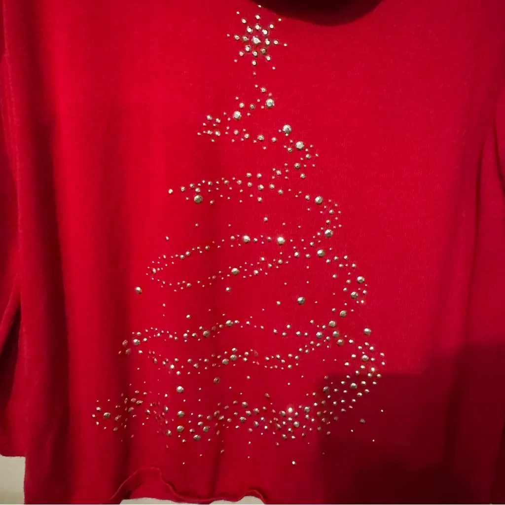 DRAPERS & DAMON Red Cowl Neck Sweater with Embellishments Christmas Tree Design Size 1X - Image 3