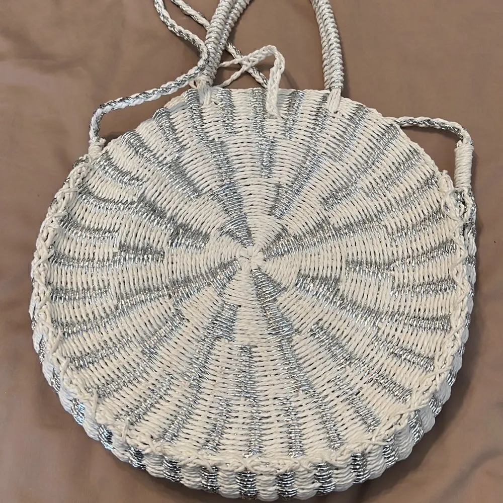 Mudpie white and silver wicker handbag shoulder strap and handles used 1x EUC - Image 10