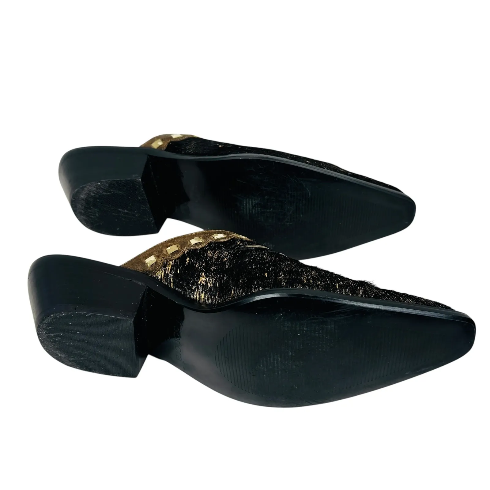 Sonora Hair On Hide Western Mules Sz 6 Black Gold Leather Cowgirl‎ Heels Boho - Image 6