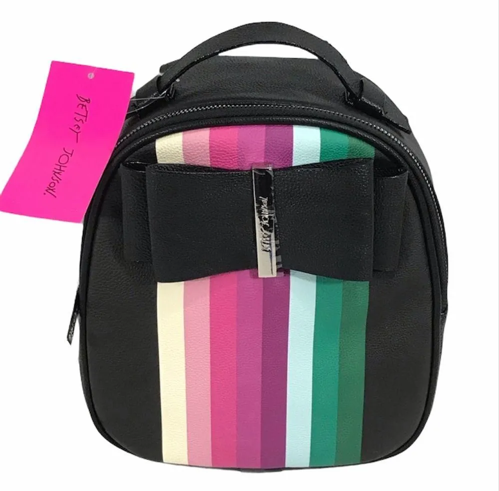 Betsey Johnson Striped Mini Backpack with Bow, Black, Pink, Green - Image 7