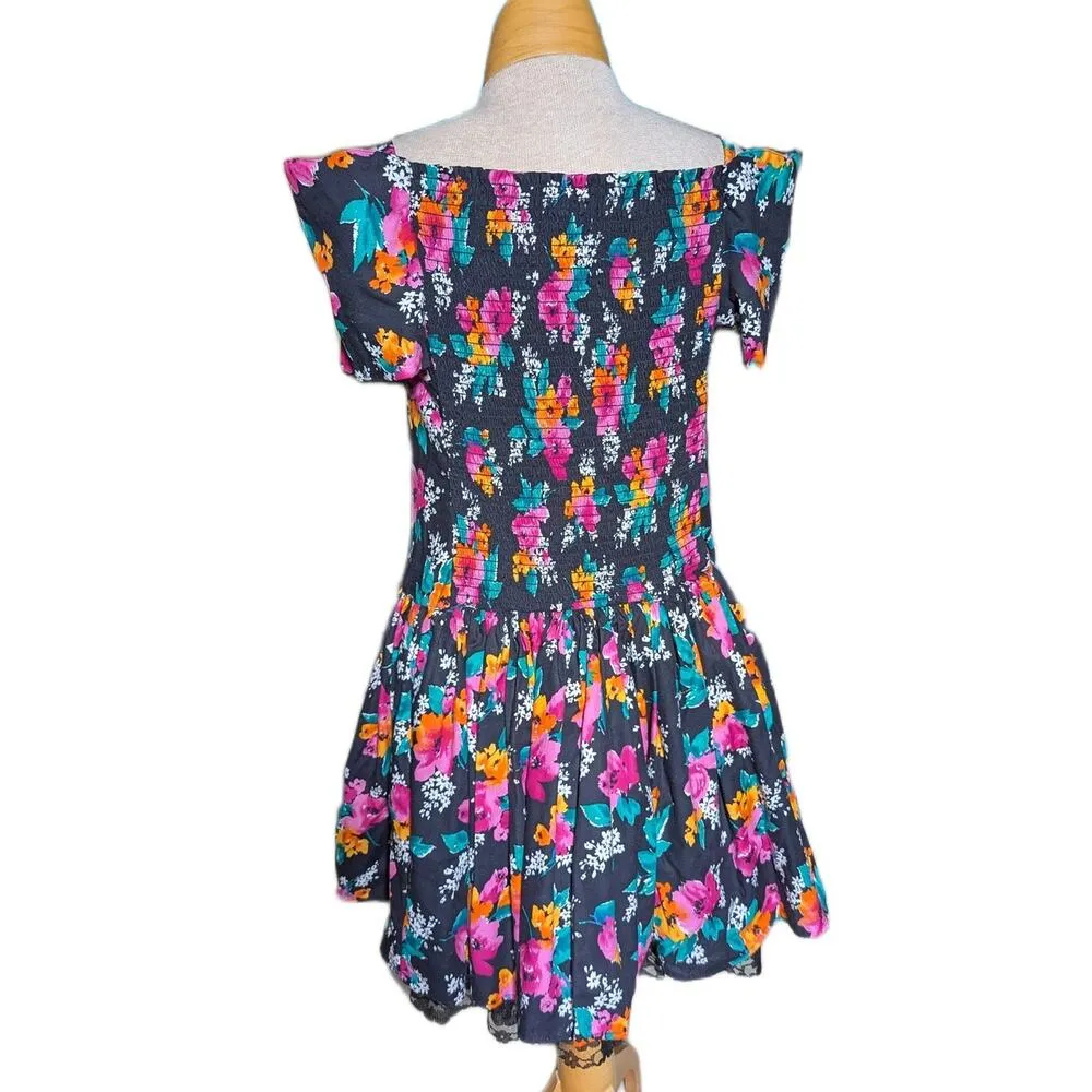 Vtg 1980s Byer Too Black Colorful Floral Off the Shoulder Drop Waist Dress Sz 8 - Image 3