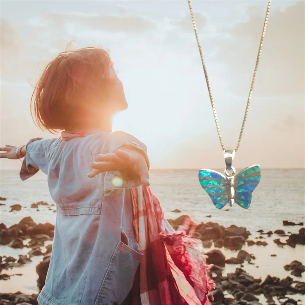 925 Blue & green turquoise Freedom Butterfly Pendant on Sterling Chain - Image 2