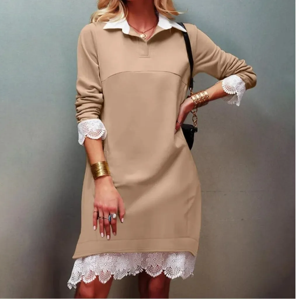 Women's Patchwork Floral Lace Sweatshirt Dress in Khaki sz small Tan - Image 2