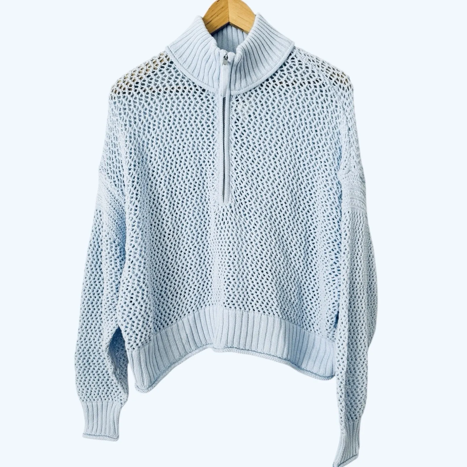 NWT Aerie Crochet Quarter Zip Loose Knit Sweater Baby Blue Size Small - Image 3