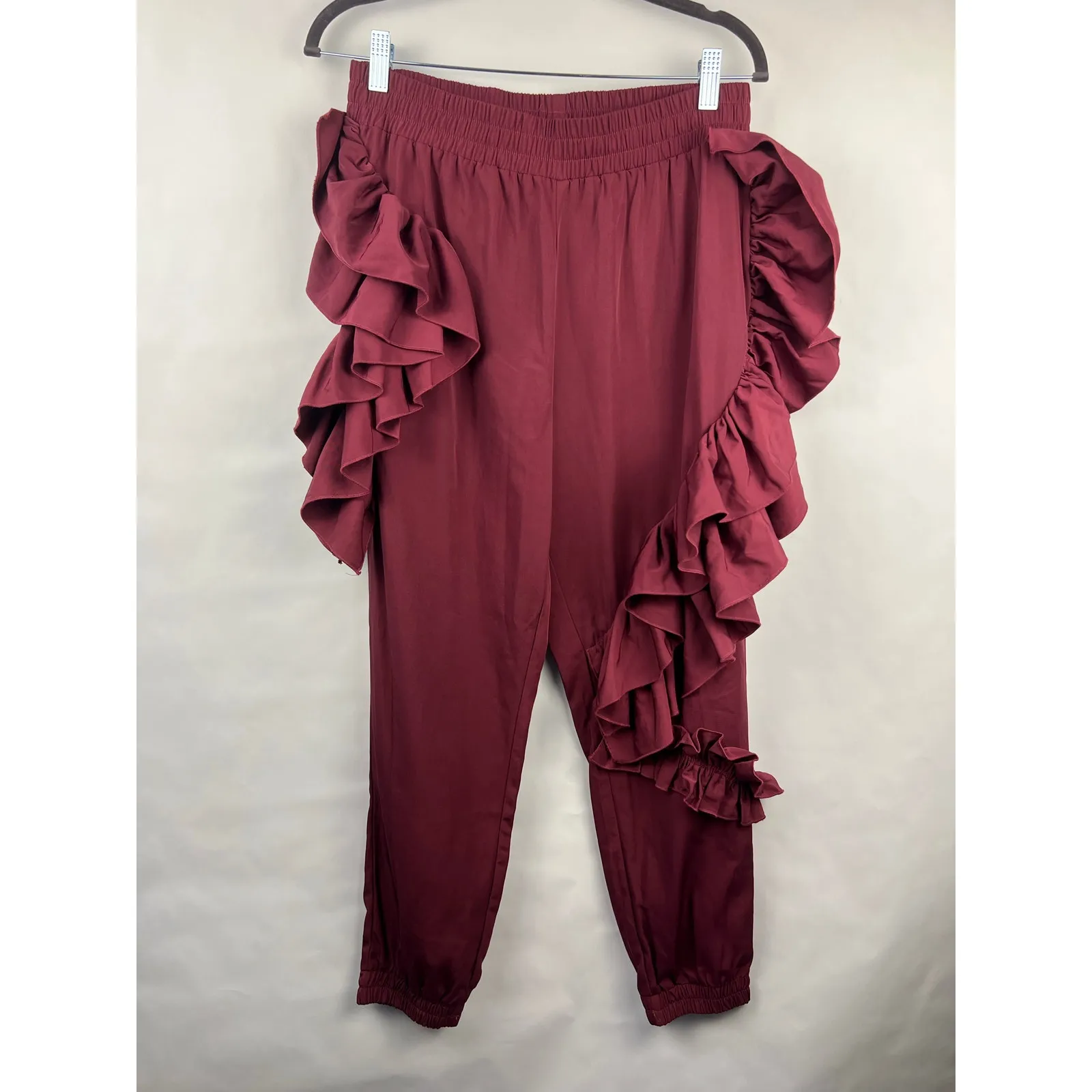 ASOS Ruffle Tapered Pants, Wine Red, 100% Polyester, Statement Joggers Lounge - Image 3
