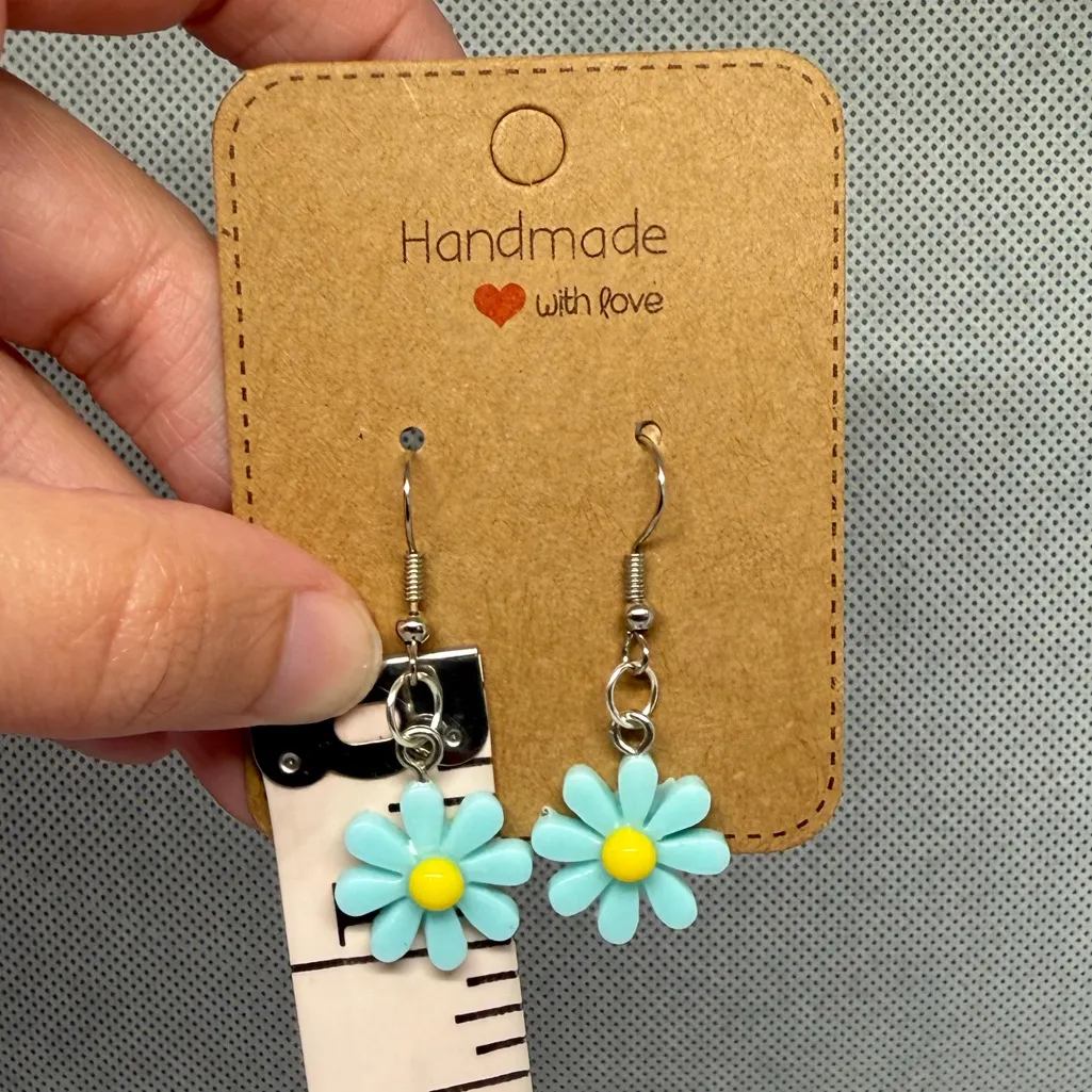 Handmade Blue and Yellow Flower Earrings - Image 3