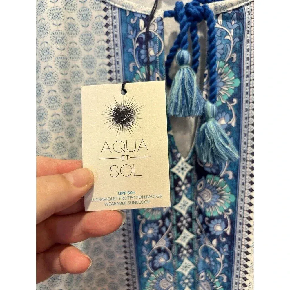 NEW Aqua‎ Et Sol Swim Cover Up Womens L Blue White Geometric Dress UPF 50 Size L - Image 3