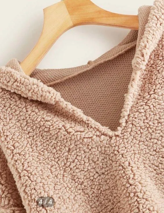 Solid Drop Shoulder Hooded Teddy Sweatshirt - Image 3