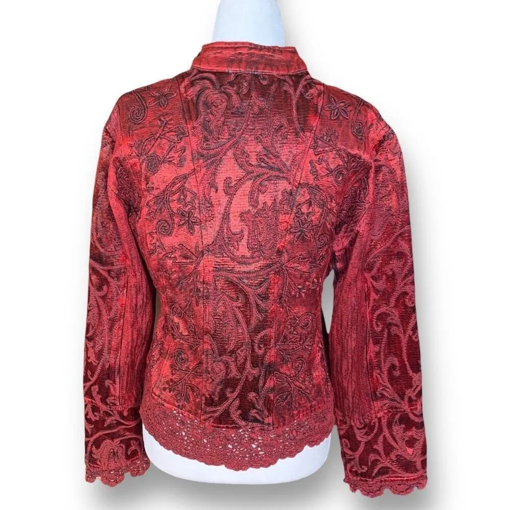 Vintage Flashback Jacket Metallic Cherry Red Floral Detail Lace Embroidery - Image 2