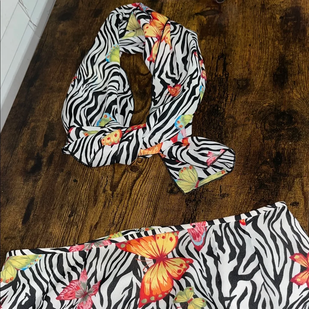 Vintage Butterfly Zebra Print Skirt and Scarf Black Size M - Image 7