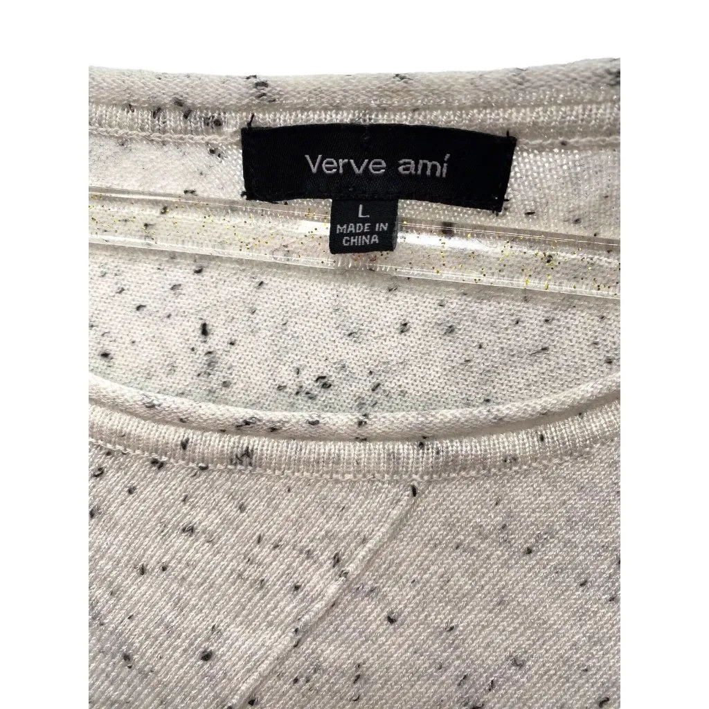 Verve Ami  L White Black Speckled Light Weight Knit Asymmetric‎ Pullover Sweater - Image 2