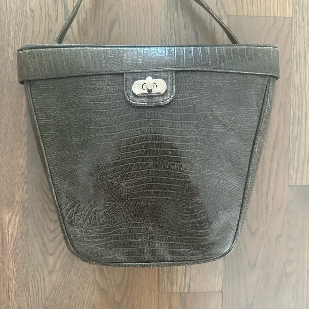 Vintage Mondi Snakeskin Embossed Leather Structured Shoulder Bag Olive Brown Green - Image 8