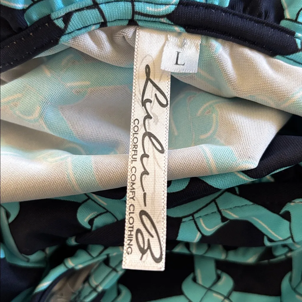 Lulu B Travel Dress Sz L Ruffle V Neck Navy Teal Print Golf Stretch Sleeveless Blue Size L - Image 7