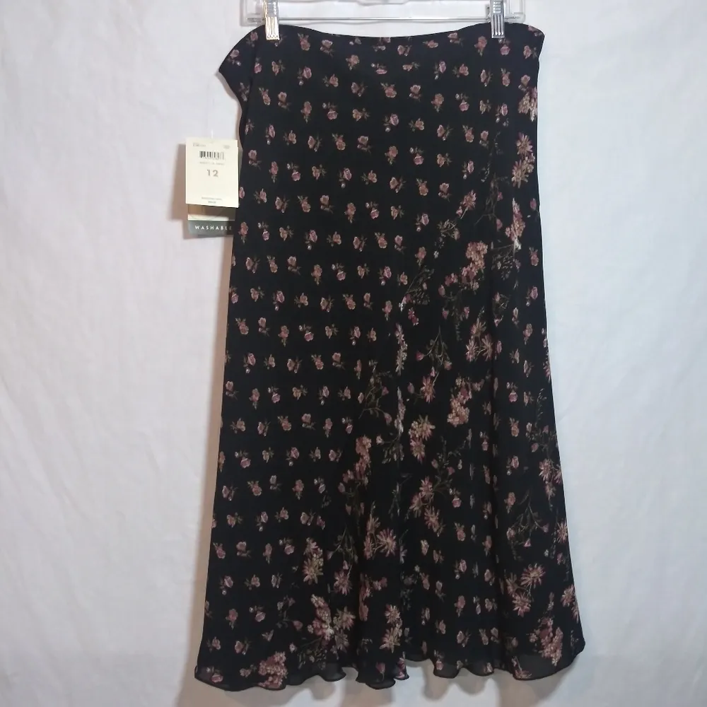 Vintage Emma James Dark Romantic Floral Black and Pink Pull On Midi Skirt Sz 12 - Image 6