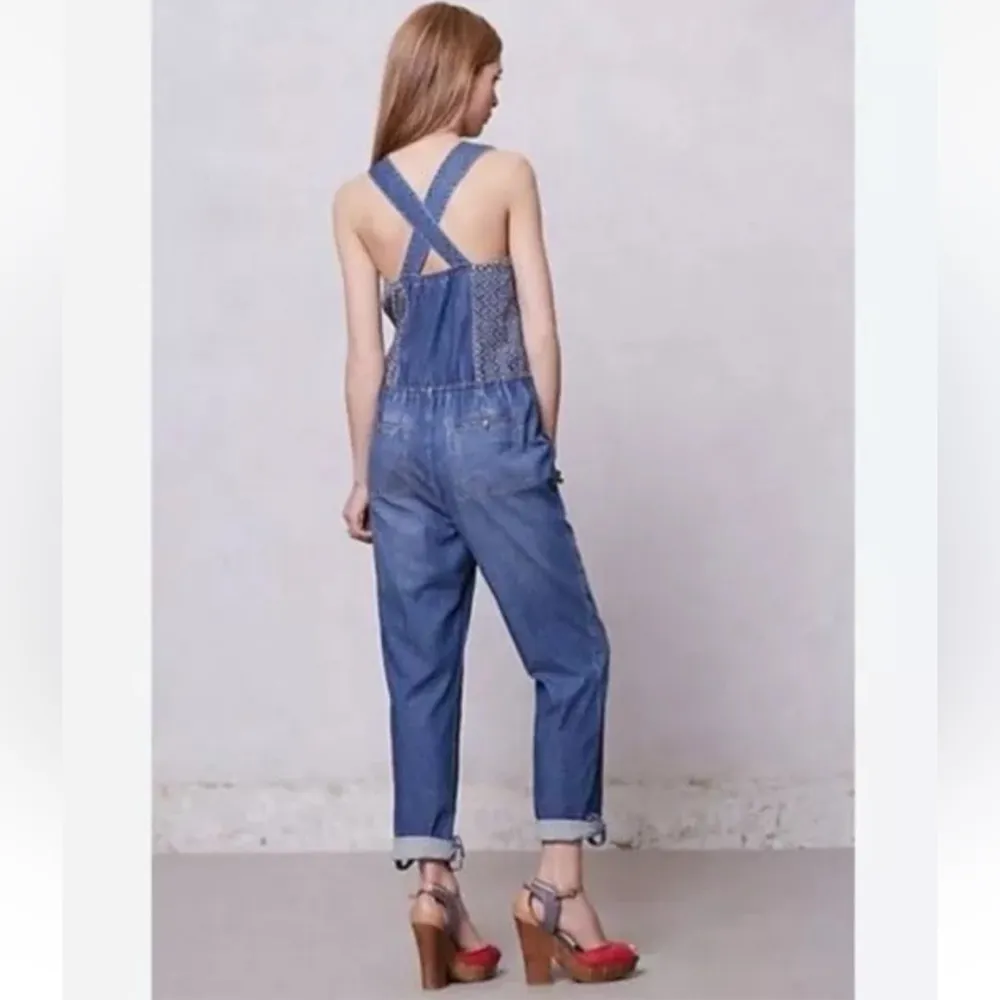 ANTHROPOLOGIE HOLDING HORSES Eyelet Chambray Denim Jean Jumper Overalls Jumpsuit - Image 3