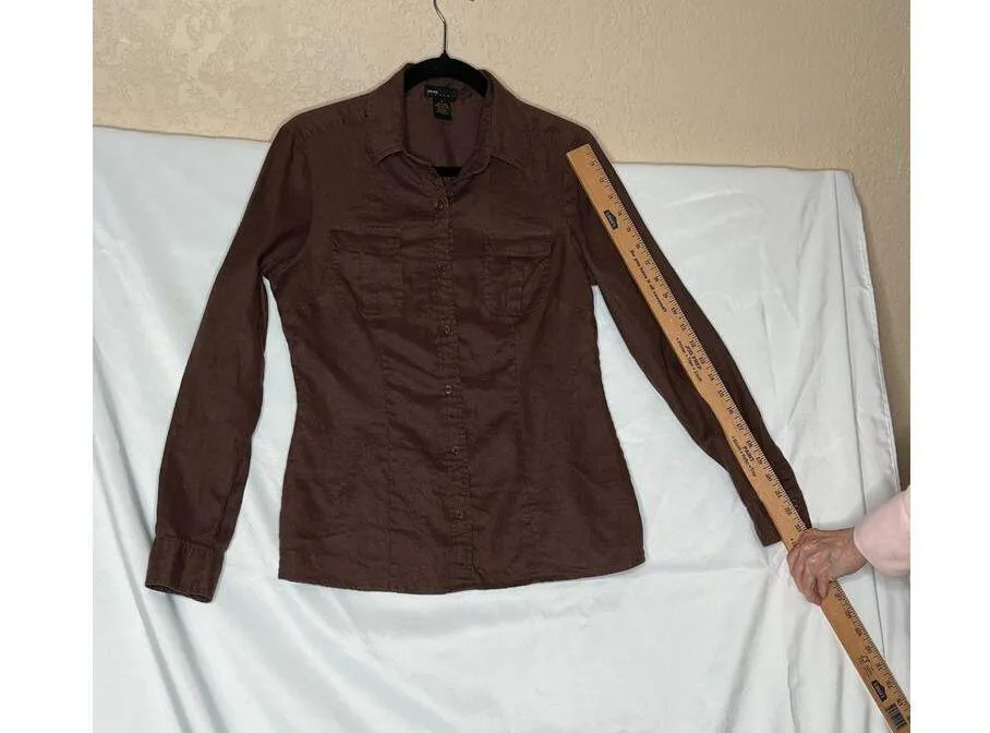 Grace Elements size 8 shirt brown button-up 100% linen roll tab sleeve pockets - Image 5