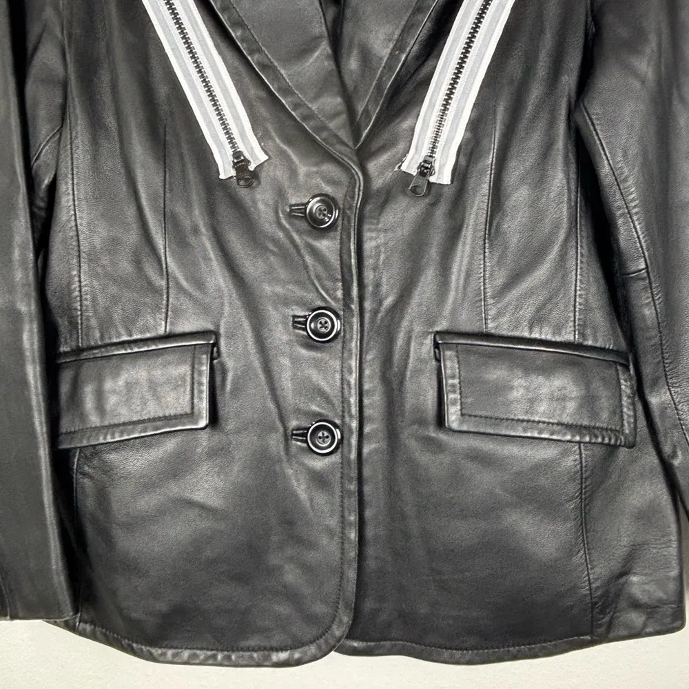 Worthington Women's PM Black Leather Jacket Genuine Lambskin Racer Stripe Detail - Image 3