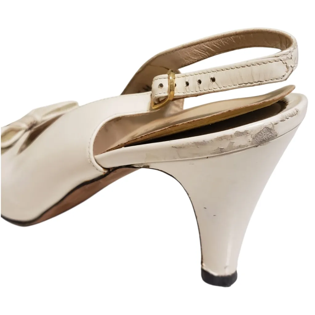 Vintage Salvatore Ferragamo Peep Toe Bow Sling Back Heels Size 9.5 - Image 9