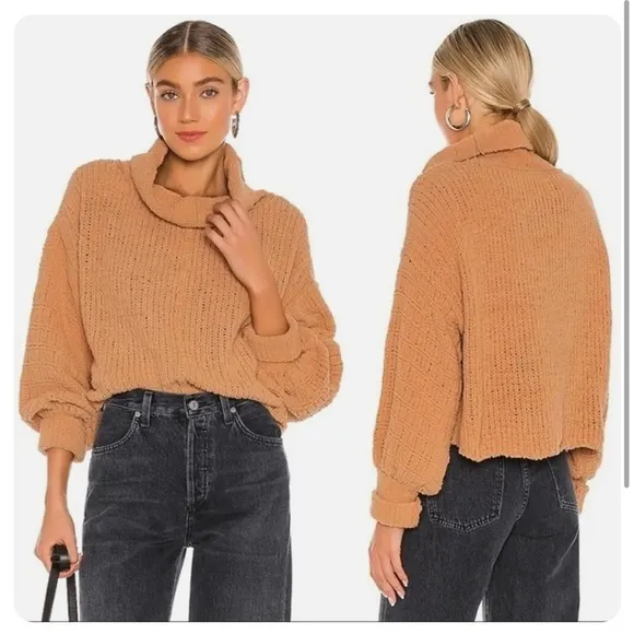 Free People Oversized Cowl Neck Pullover Sweater Be Yours Camel - Image 2