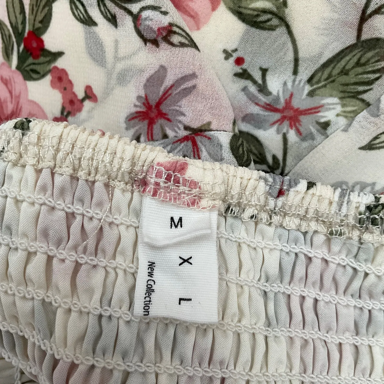 Cream Floral Print Puff Sleeve Square Neck Ruffle Tiered Mini Dress M Pink Size M - Image 5