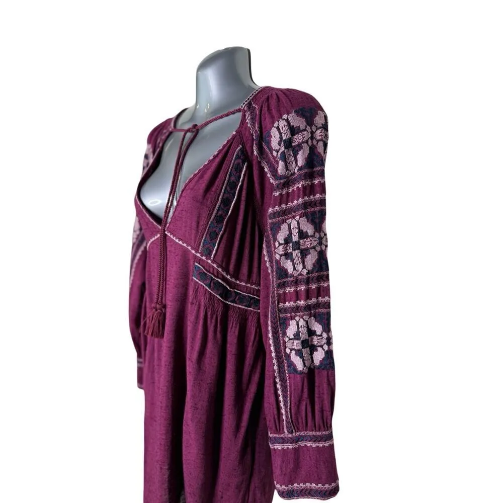 Free People All My Life Wine Embroidered Smocked Mini Dress Women’s XS Boho Chic - Image 4