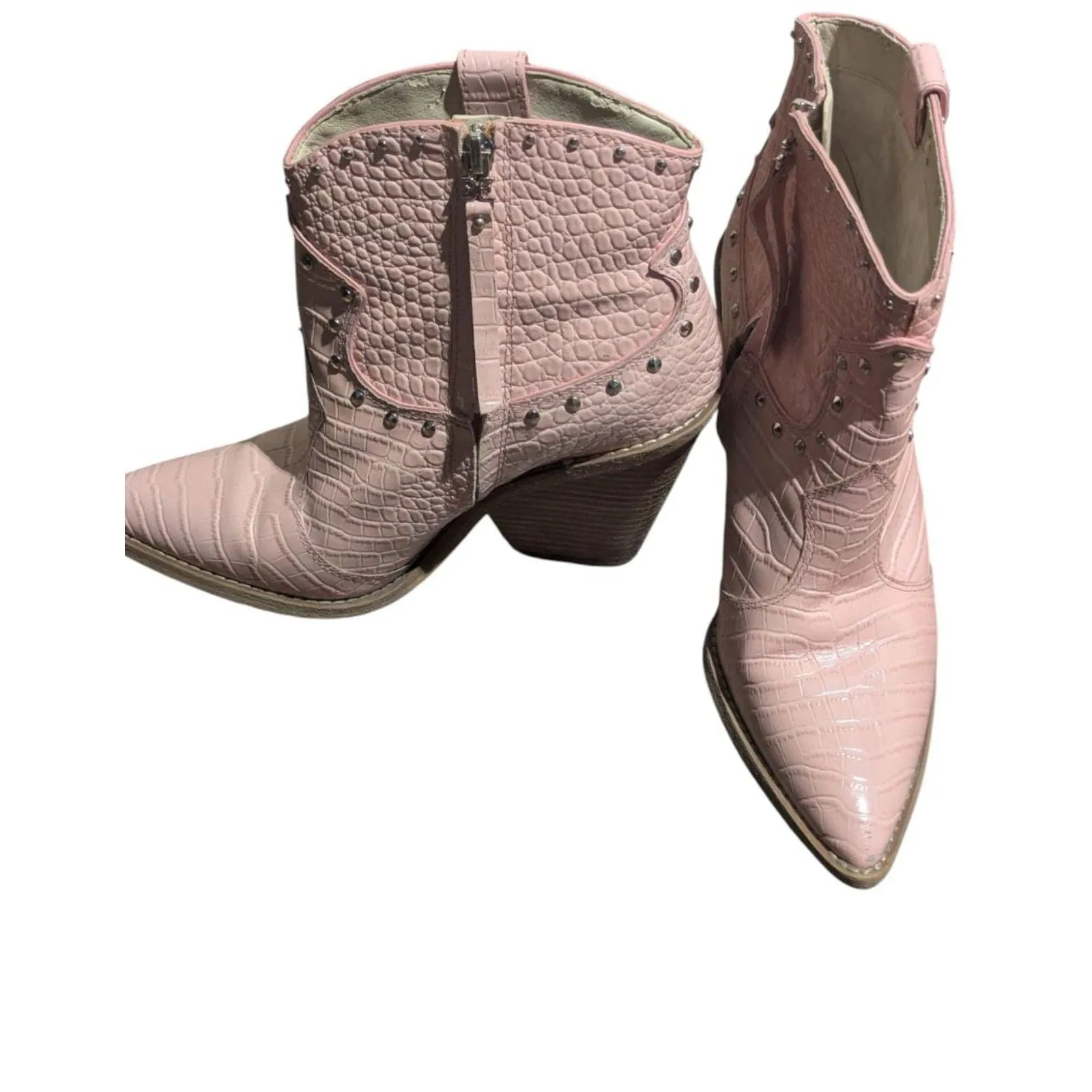Sam Edelman Iris Pink Crocodile Embossed Western Ankle Boots - Stud Details - Image 4