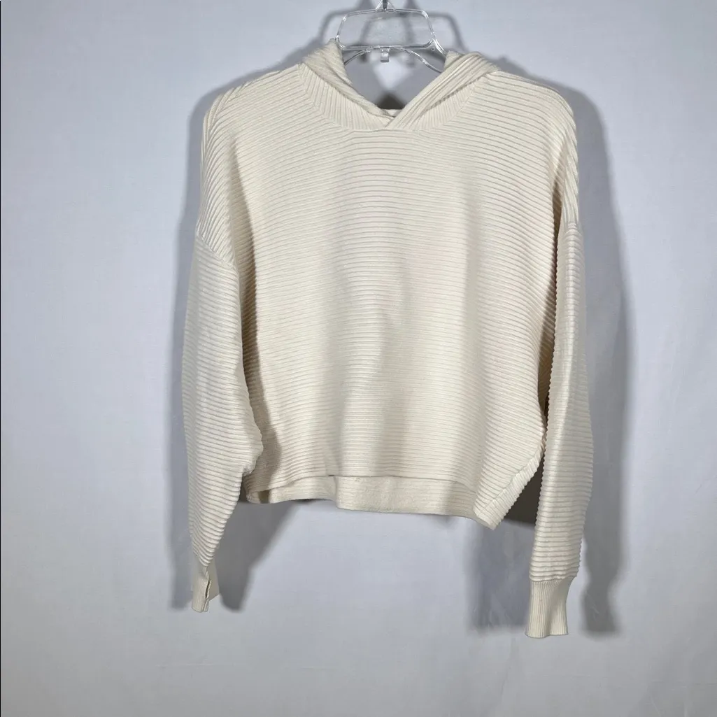 AERIE OFFLINE HOME STRETCH HOODED SWEATER RIBBED CREAM LARGE SEMI CROPPED - Image 2
