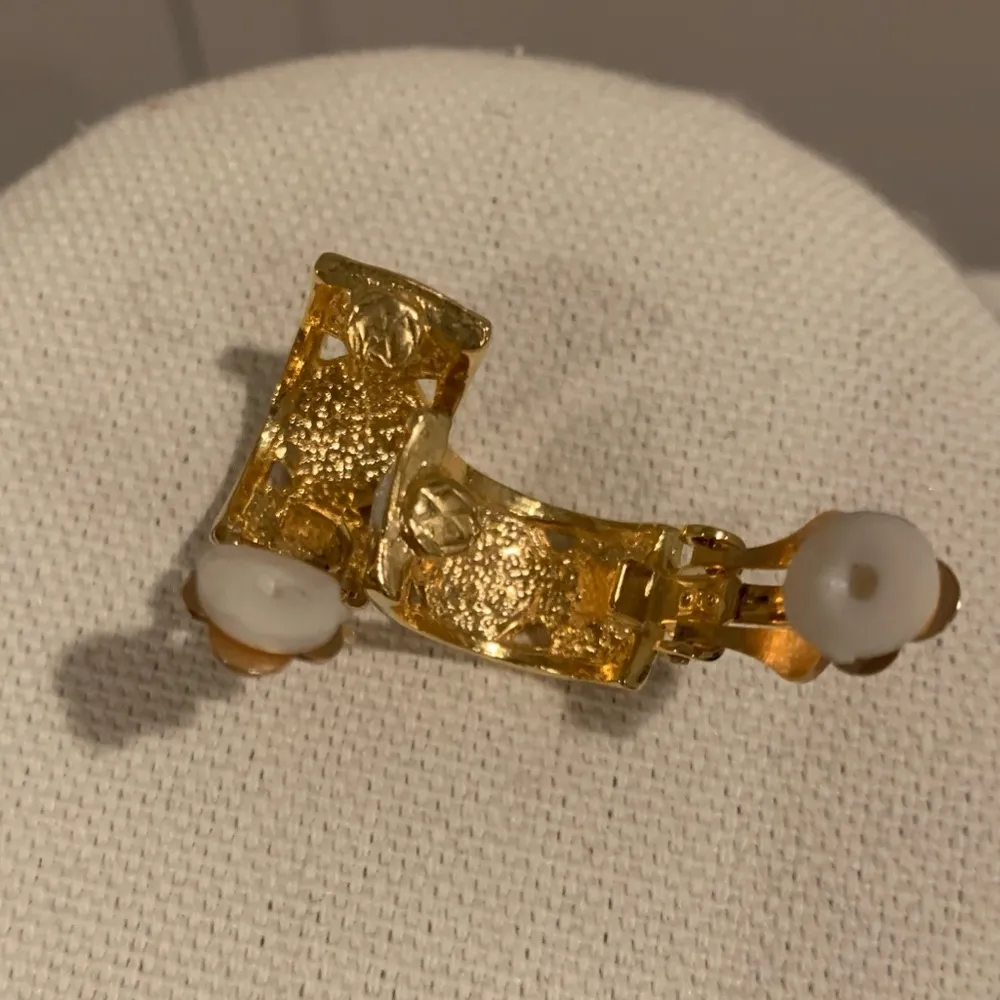 Gold Tone Small Hoop Earrings Clip On Crystal Enamel Vintage Costume Jew… - Image 6